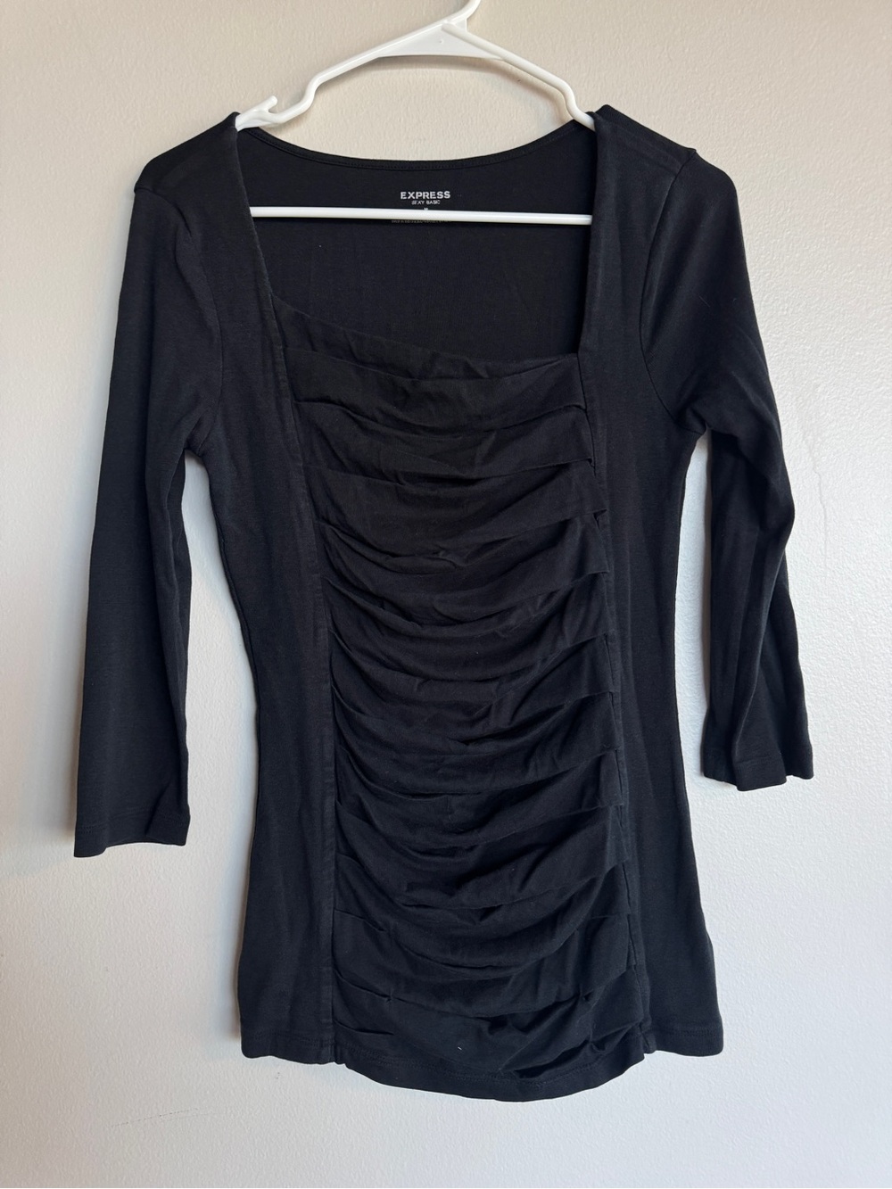 Express Black Ruched Front Asymmetrical Square Neck 3/4 Sleeve Top Medium M